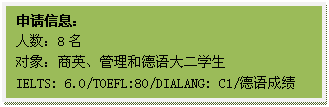 文本框: 申请信息:人数:8名对象:商英、管理和德语大二员工IELTS: 6.0/TOEFL:80/DIALANG: C1/德语成绩